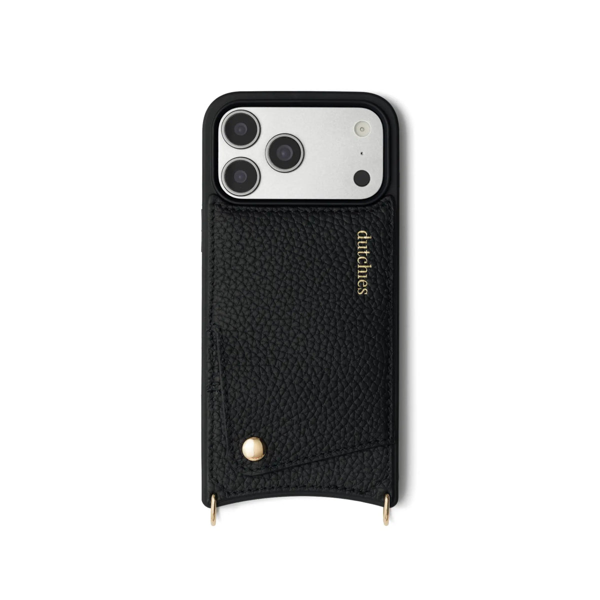 iPhone Case | Black, stylish leather case with cardholder and metal accents for extra phone protection.