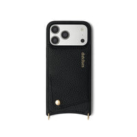 iPhone Case | Black, stylish leather case with cardholder and metal accents for extra phone protection.