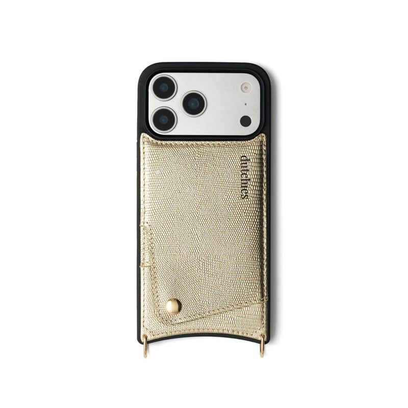 iPhone Case | Goldy in gold leather with cardholder, showcasing premium materials and stylish design.