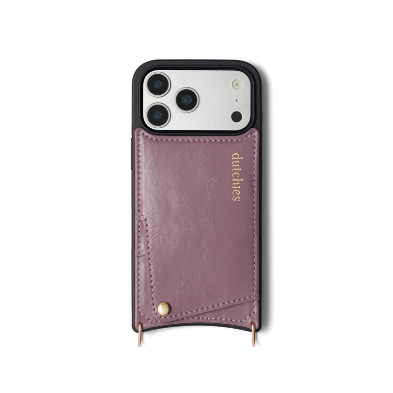 iPhone Case | Mauve with cardholder and dual rings for strap attachment, handcrafted from genuine leather.