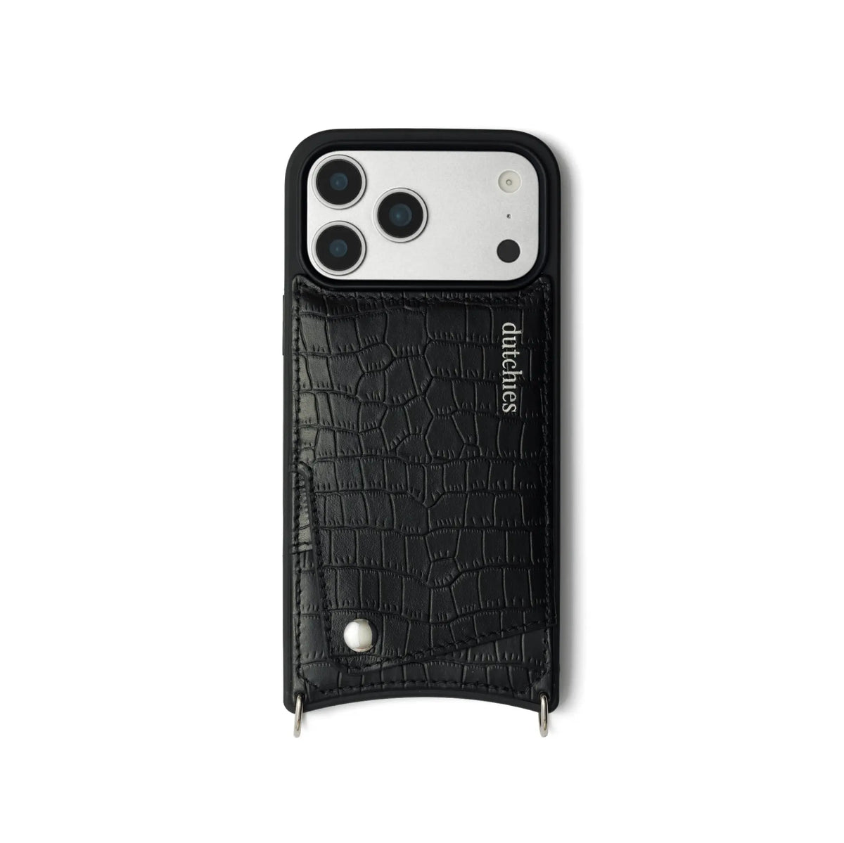 iPhone Case | Noir | Silver in black leather with cardholder and premium metal finishes.