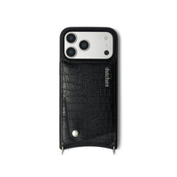 iPhone Case | Noir | Silver in black leather with cardholder and premium metal finishes.