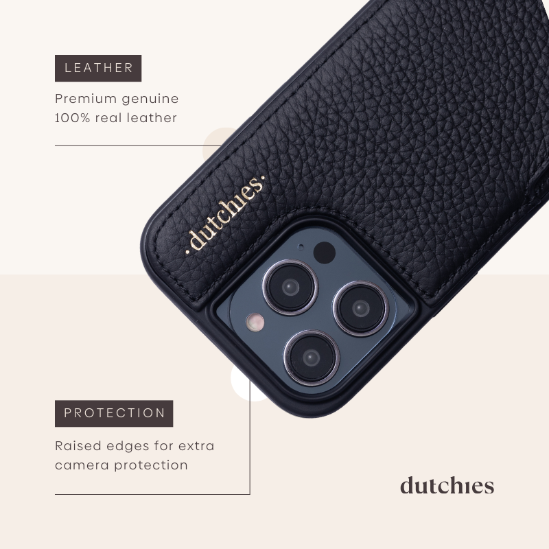 iPhone Hülle | Schwarz mit echtem Leder, erhöhten Kanten zum Schutz der Kamera und stilvollem Kartenhalter.