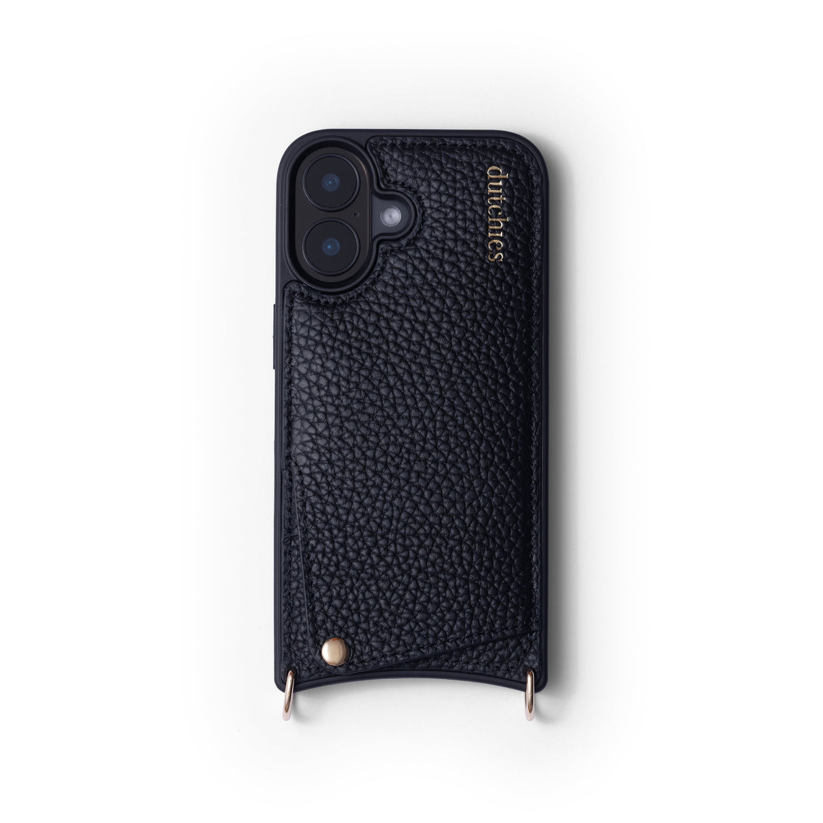 iPhone Funda | Negro, funda de cuero artesanal con tarjetero y acabados metálicos para una protección segura del teléfono.