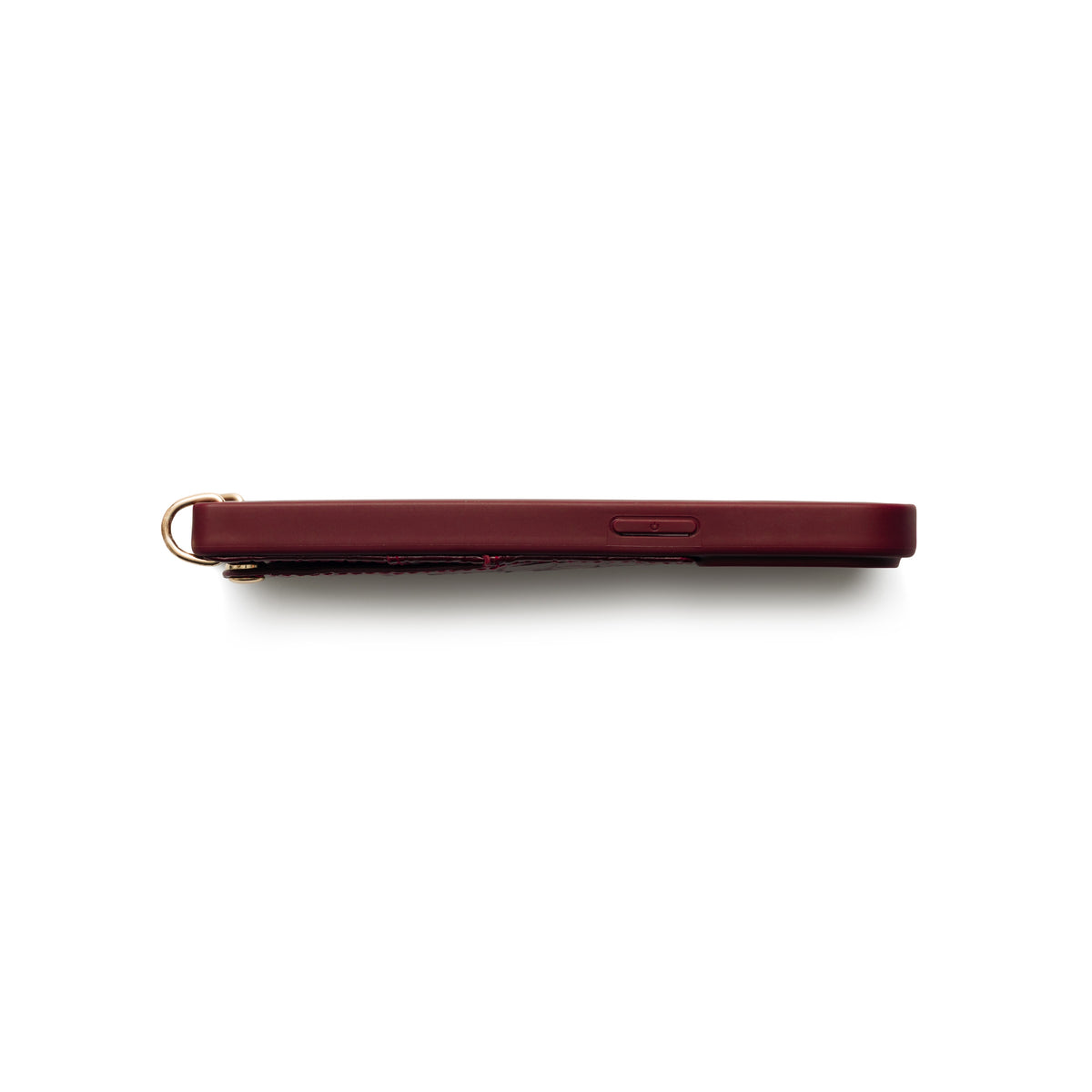 Funda para iPhone | Vista lateral Burgundy que muestra el tarjetero y el enganche para correa, hecha a mano con cuero genuino.