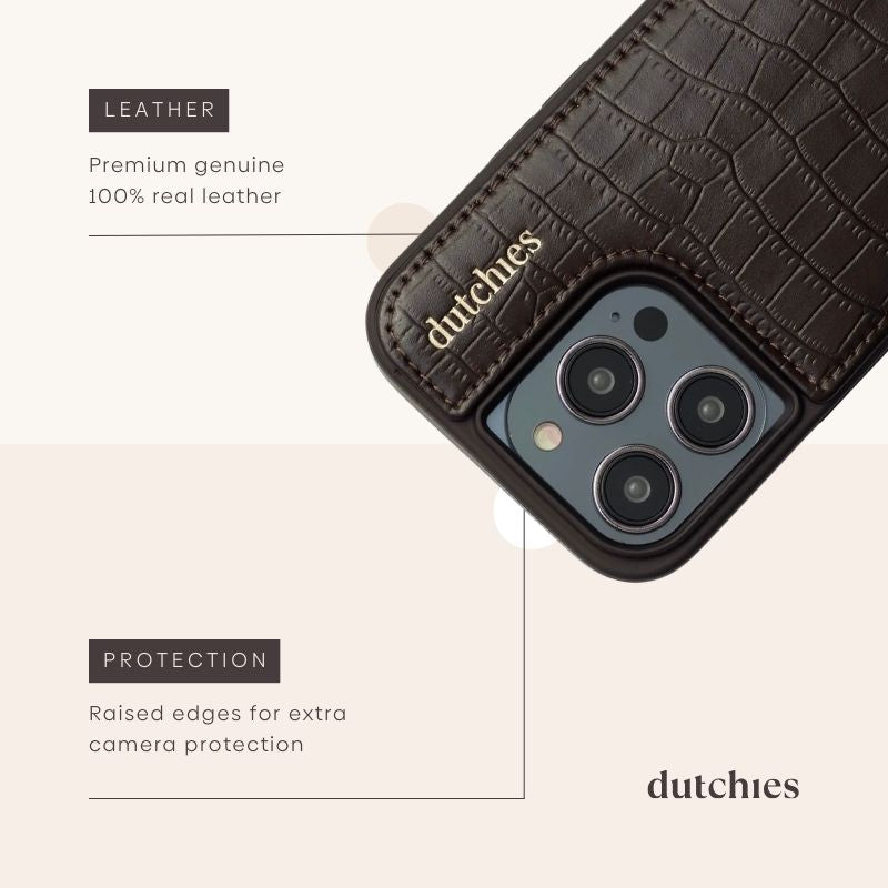 Coque iPhone | Chocolate Brown en cuir véritable, avec porte-carte et bords surélevés pour protéger l'appareil photo.
