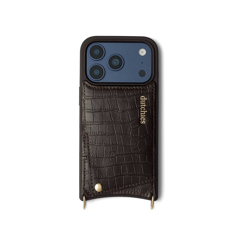 Coque iPhone | Chocolate Brown avec porte-carte, design en cuir artisanal et fermeture sécurisée à bouton-pression.