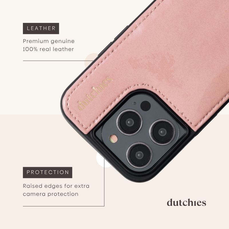 Nahaufnahme der iPhone-Hülle | Gloss Pink, mit Premium-Leder und erhöhten Kanten zum Schutz der Kamera.