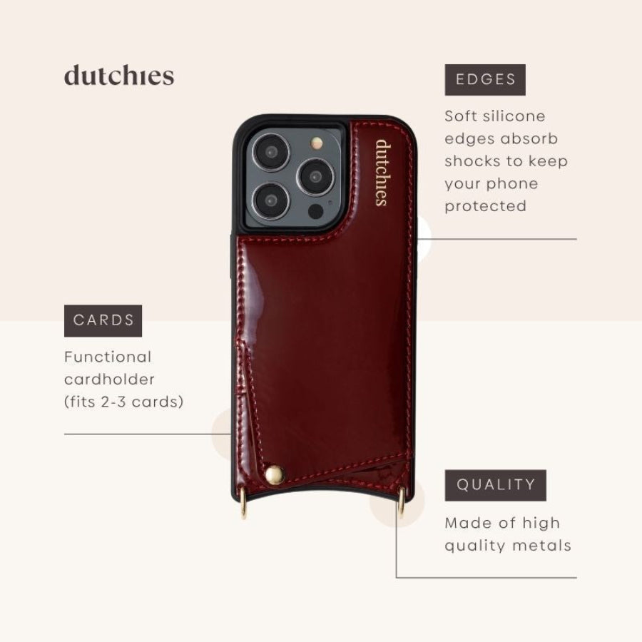 iPhone Funda | Gloss Red con tarjetero, con cuero genuino y bordes de silicona suave para absorber impactos.