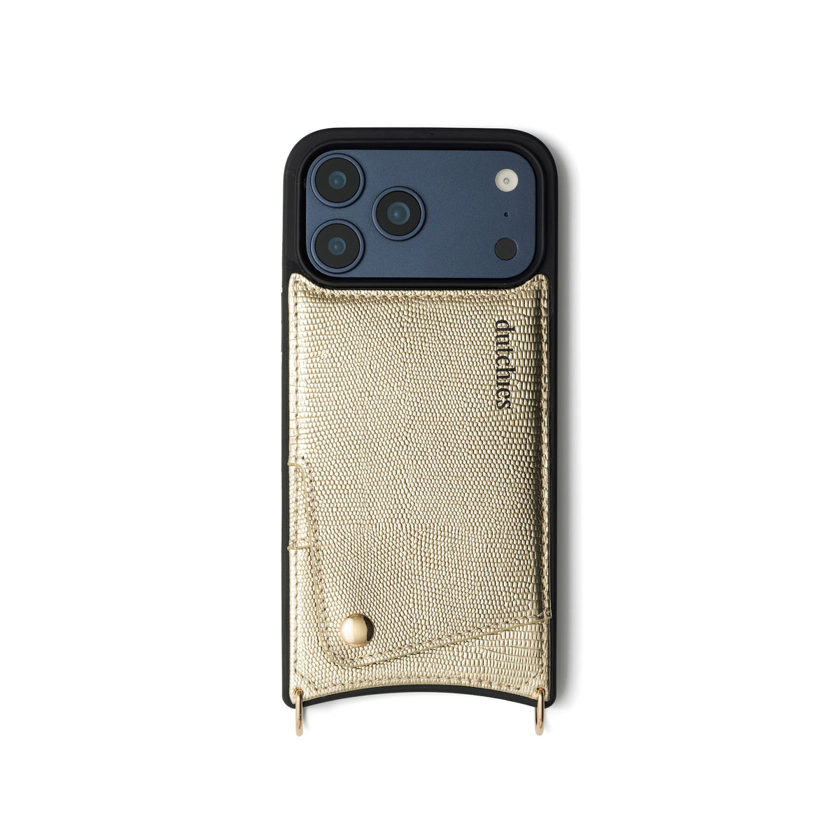 iPhone Case | Goldy in gold leather with cardholder, showcasing premium materials and stylish design.