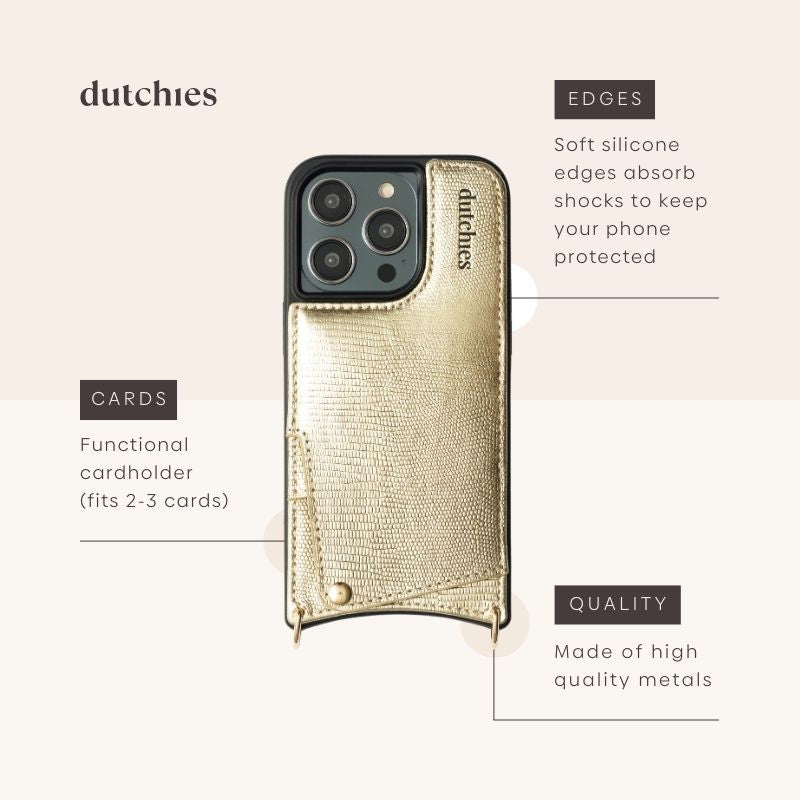 iPhone Case | Goldy in gold, handcrafted leather with cardholder and shock-absorbing edges.