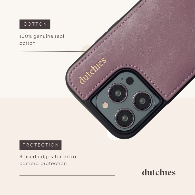 Coque iPhone | Mauve en coton 100 % véritable avec bords surélevés pour une protection renforcée de l’appareil photo