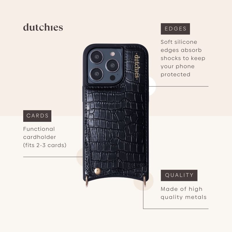 iPhone Case | Noir | Gold showcasing its cardholder and shock-absorbing edges for optimal protection.