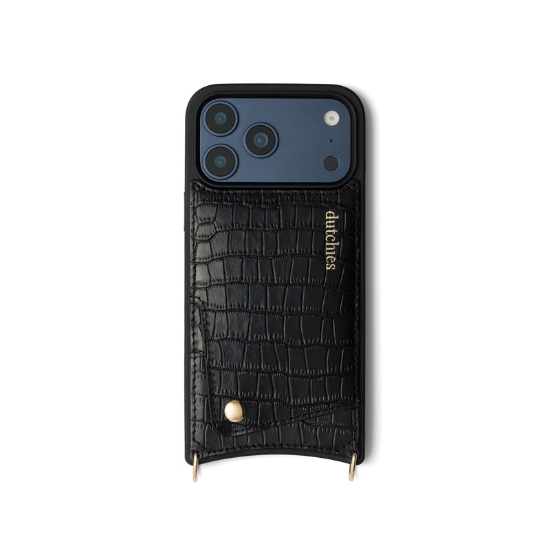 iPhone Case | Noir | Gold featuring a cardholder and genuine leather design for ultimate phone protection.