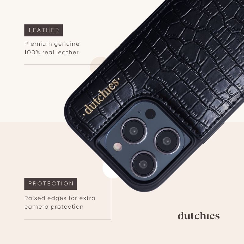 iPhone Case | Noir | Gold with cardholder, featuring premium leather and raised edges for camera protection.