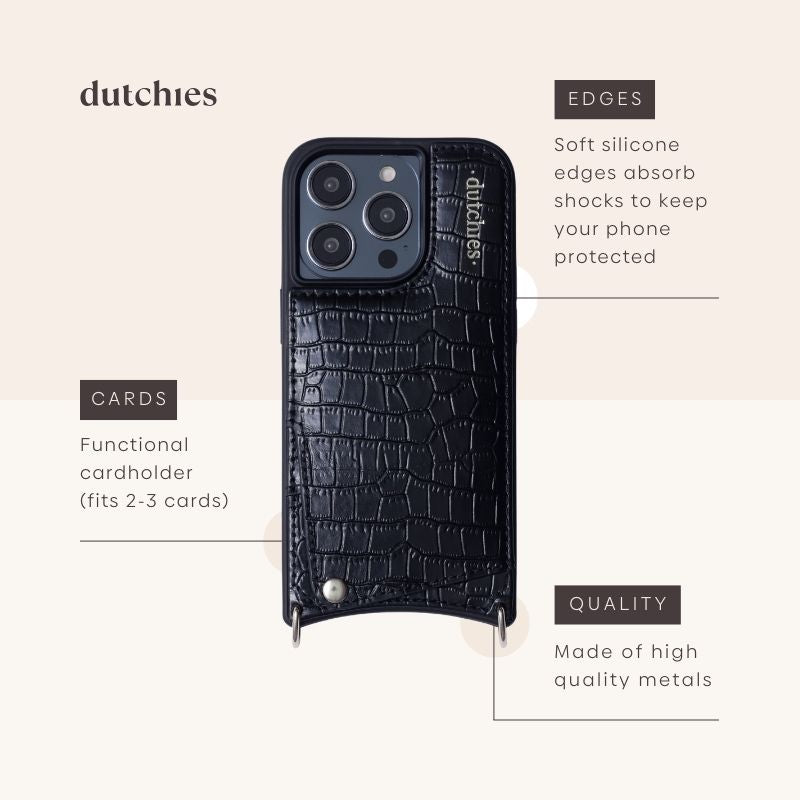 iPhone Case | Noir | Silver showcased with soft silicone edges and functional cardholder in high quality materials.