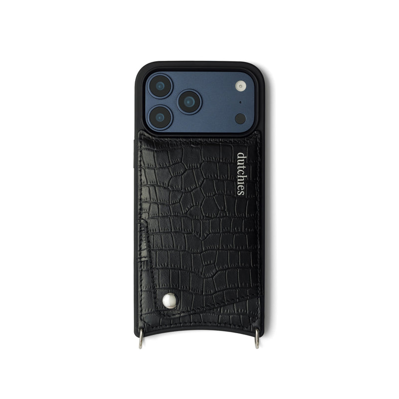 iPhone Case | Noir | Silver in black leather with cardholder and premium metal finishes.