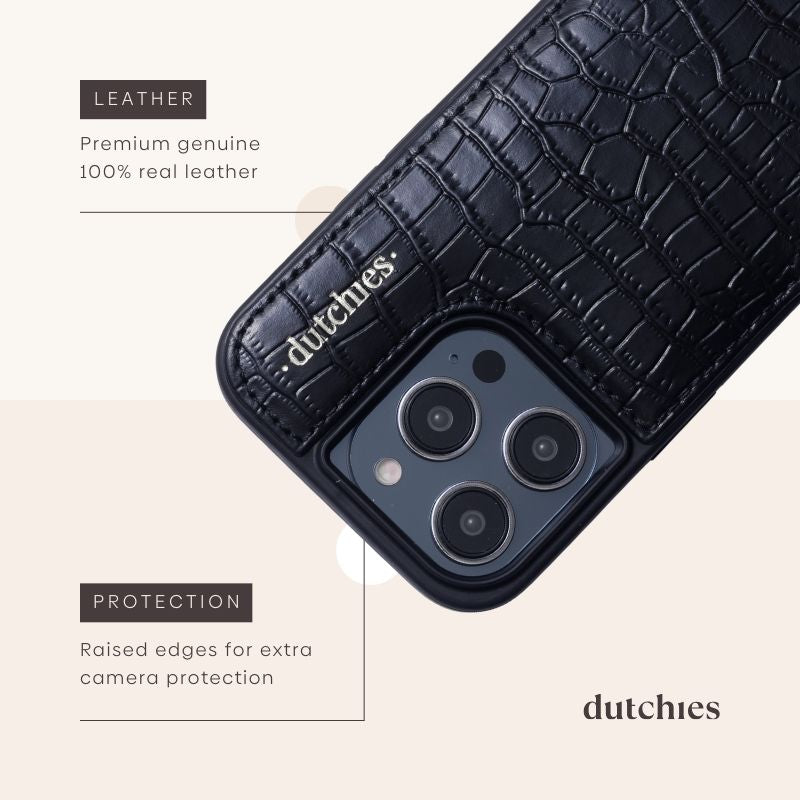 iPhone Case | Noir | Silver: Premium genuine leather and raised edges for camera protection.