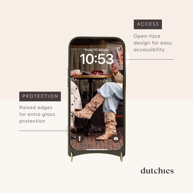 iPhone Case | Olive Green showcasing raised edges for protection and an open-face design for accessibility.
