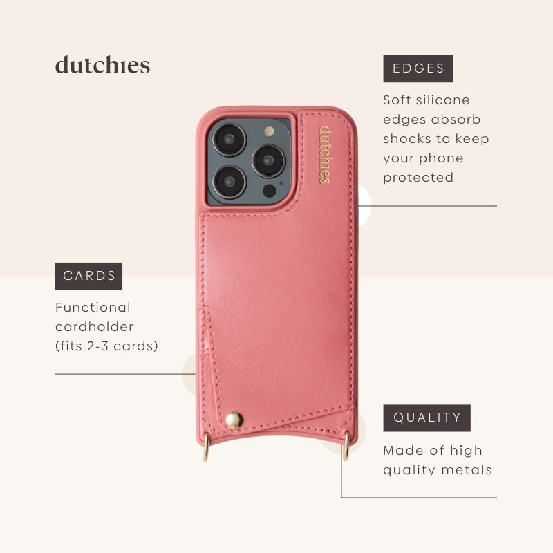 Coque iPhone | Rose avec porte-cartes, bords absorbant les chocs et finitions métalliques de haute qualité.