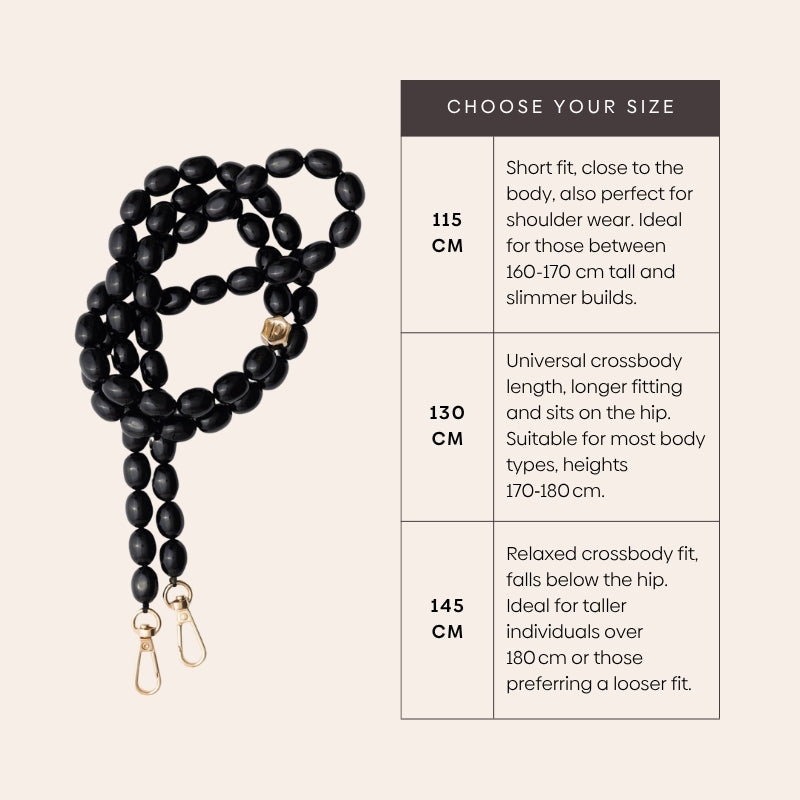 Handykette | Beaded | Louise Größentabelle mit Maßen für verschiedene Passformen.