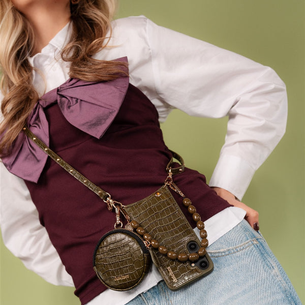 Luxury set | Samsung | Olive Green showcased with stylish outfit and accessories.