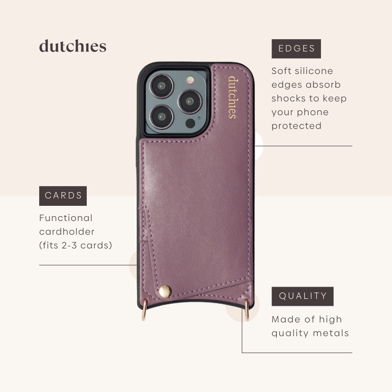 Coque iPhone | Mauve, faite à la main en cuir, avec porte-cartes et bords absorbant les chocs pour une protection optimale.