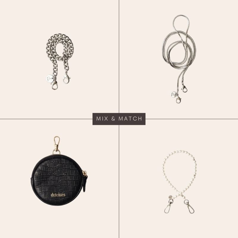 iPhone Case | Noir | Silver accessories mix, featuring chains, cardholder, and straps for stylish phone protection.