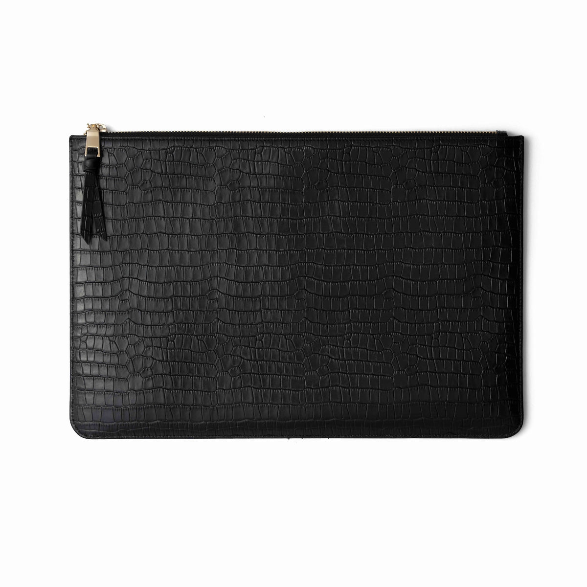Stilvolle schwarze Laptophülle mit Krokodilmuster und Reißverschluss, perfekt zum Schutz und Transport von Laptops.