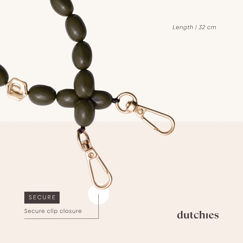 Phone Charm | Beaded | Arte with secure clip closure, olive green beads, and gold accents, 32 cm long.