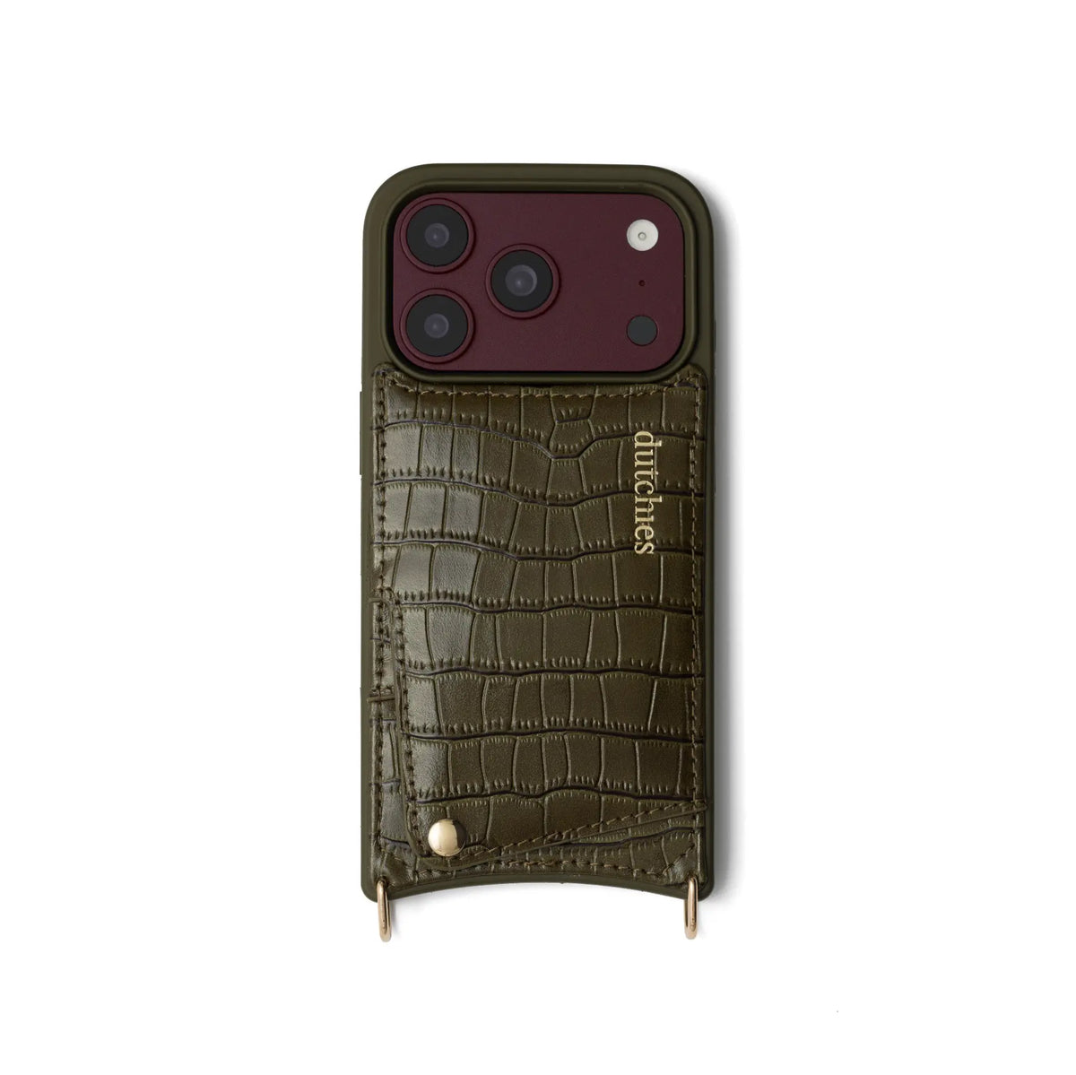 iPhone Case | Olive Green showcasing a leather cardholder for essentials and stylish protection.
