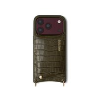 iPhone Case | Olive Green showcasing a leather cardholder for essentials and stylish protection.