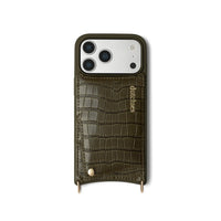 iPhone Case | Olive Green showcasing a leather cardholder for essentials and stylish protection.