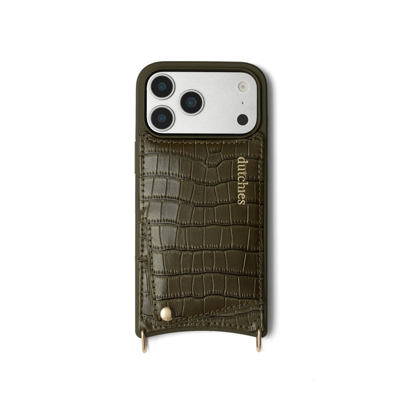 iPhone Case | Olive Green showcasing a leather cardholder for essentials and stylish protection.