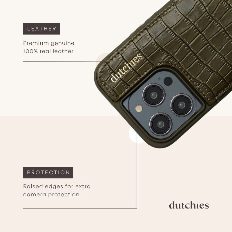 Funda para iPhone | Verde oliva hecha de cuero 100% real, con bordes elevados para protección extra y tarjetero.