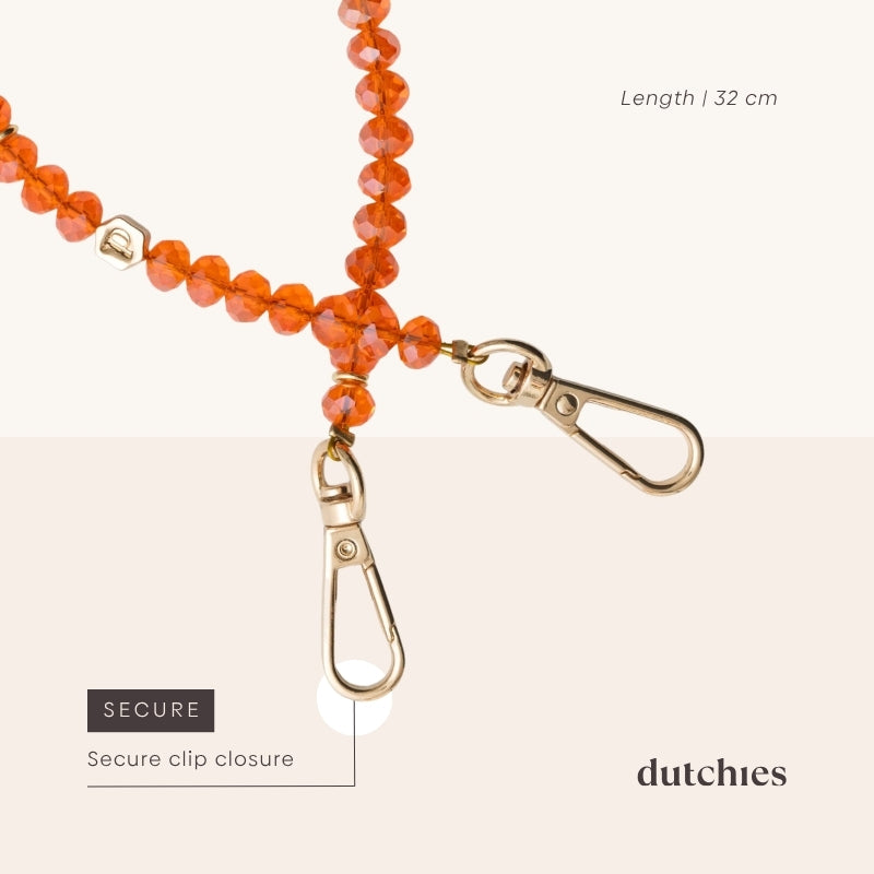 Phone Charm | Beaded | Vivianne close-up showing secure clip closure and vibrant orange beads.