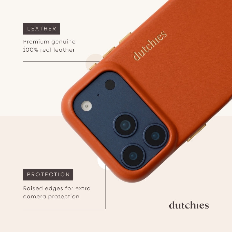 iPhone Hülle | Orange (Full Wrapped) mit hochwertigem Echtleder und erhöhten Rändern zum Schutz der Kamera.