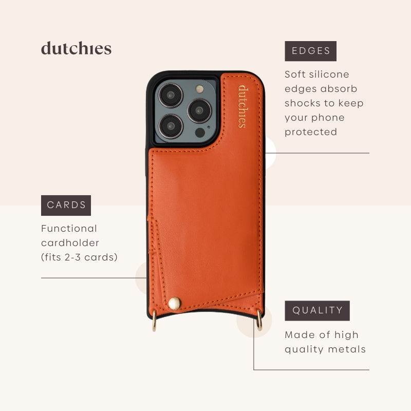 iPhone Case | Orange with cardholder and shock-absorbing edges by Dutchies, combining style and protection.