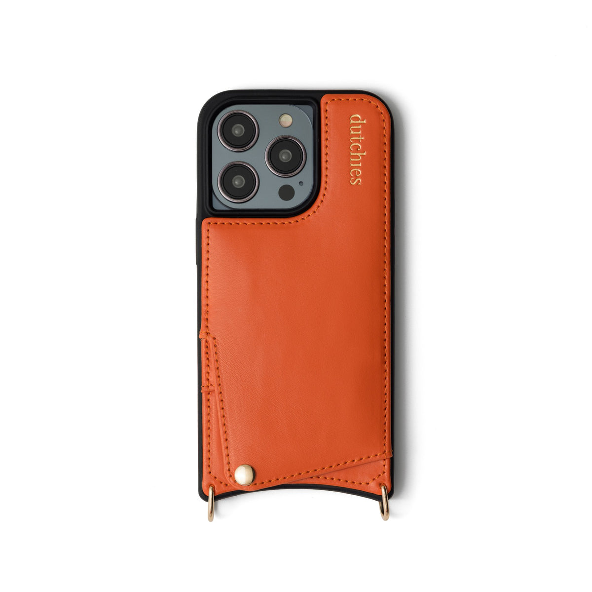 iPhone Case | Orange, handcrafted leather with cardholder and metal finishes for secure device protection.