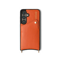 Samsung Case | Orange with genuine leather, cardholder, and shock-absorbing TPU protection.