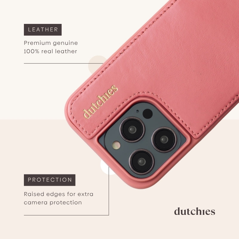 Coque iPhone | Rose en cuir véritable premium et bords surélevés pour une protection supplémentaire de l’appareil photo