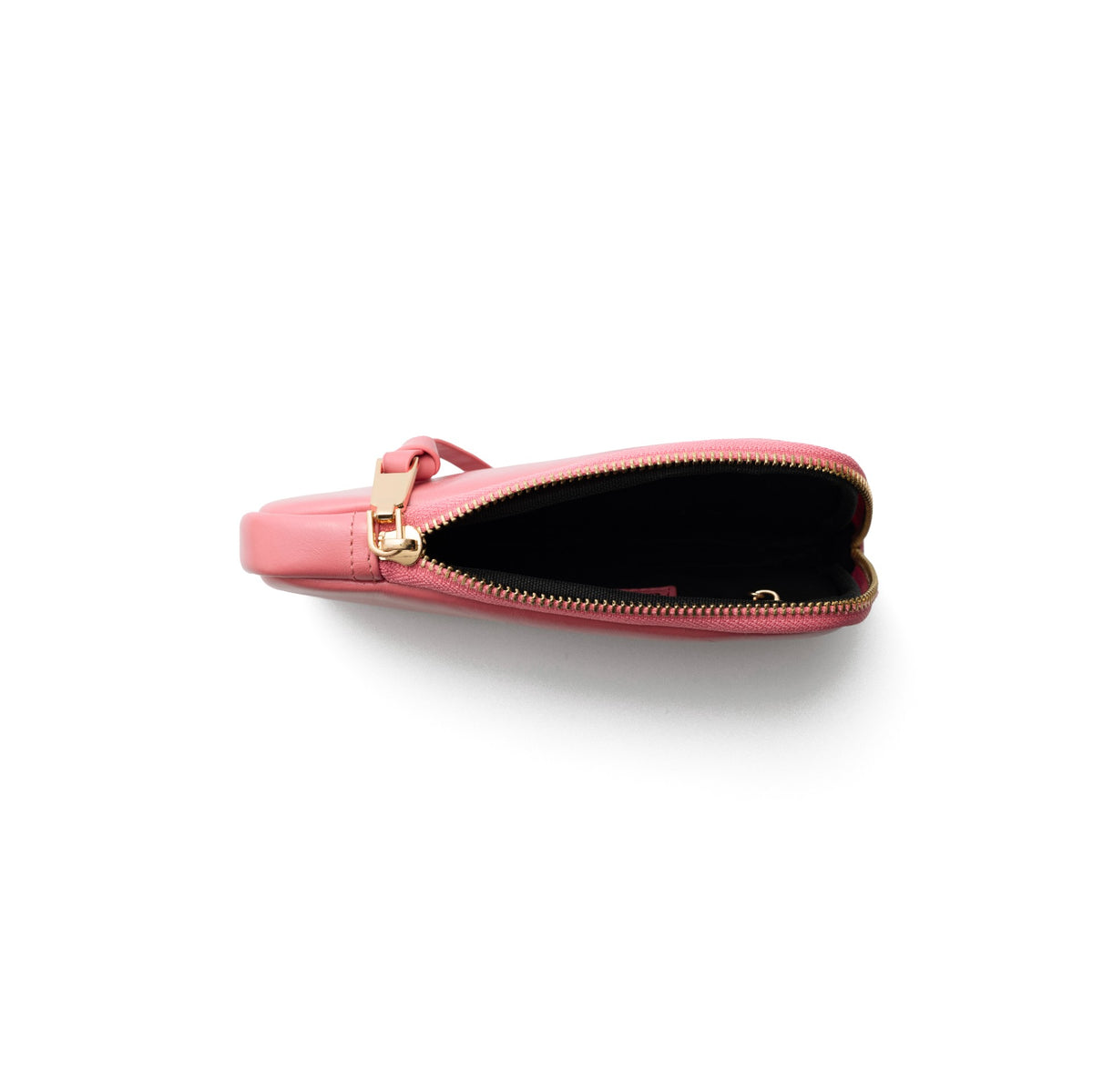Phone Bag Rose | Pink top view showing zipper and interior of the stylish leather phone pouch.