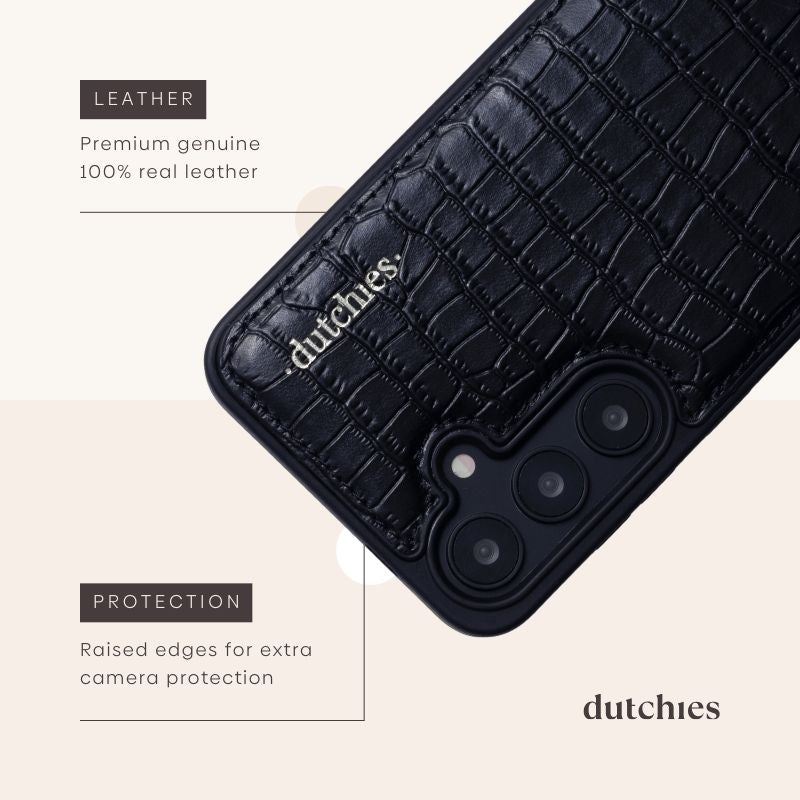Samsung Case | Noir | Silver - Close-up of premium genuine leather with raised edges for camera protection.