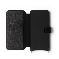 Samsung Wallet Case | Black with premium leather, secure snap closure, and soft microfiber lining for ultimate phone protection.
