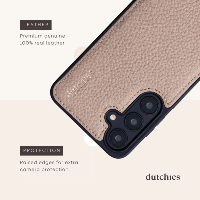 Samsung-Hülle | Beige mit hochwertigem Echtleder und erhöhten Kanten für zusätzlichen Kameraschutz.