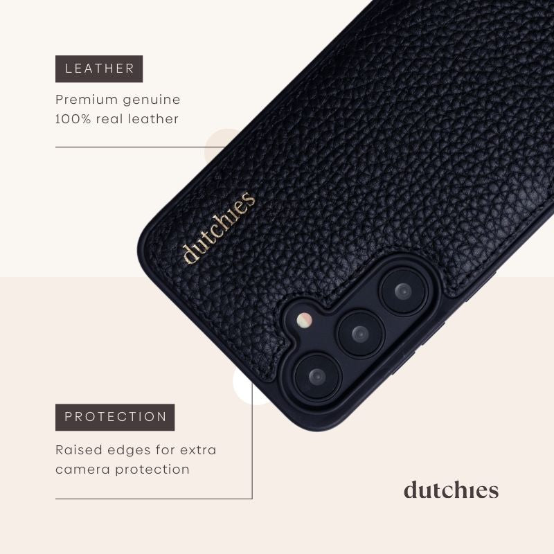 Samsung-Hülle | Black mit Premium-Lederstruktur und erhöhten Kanten zum Schutz der Kamera.