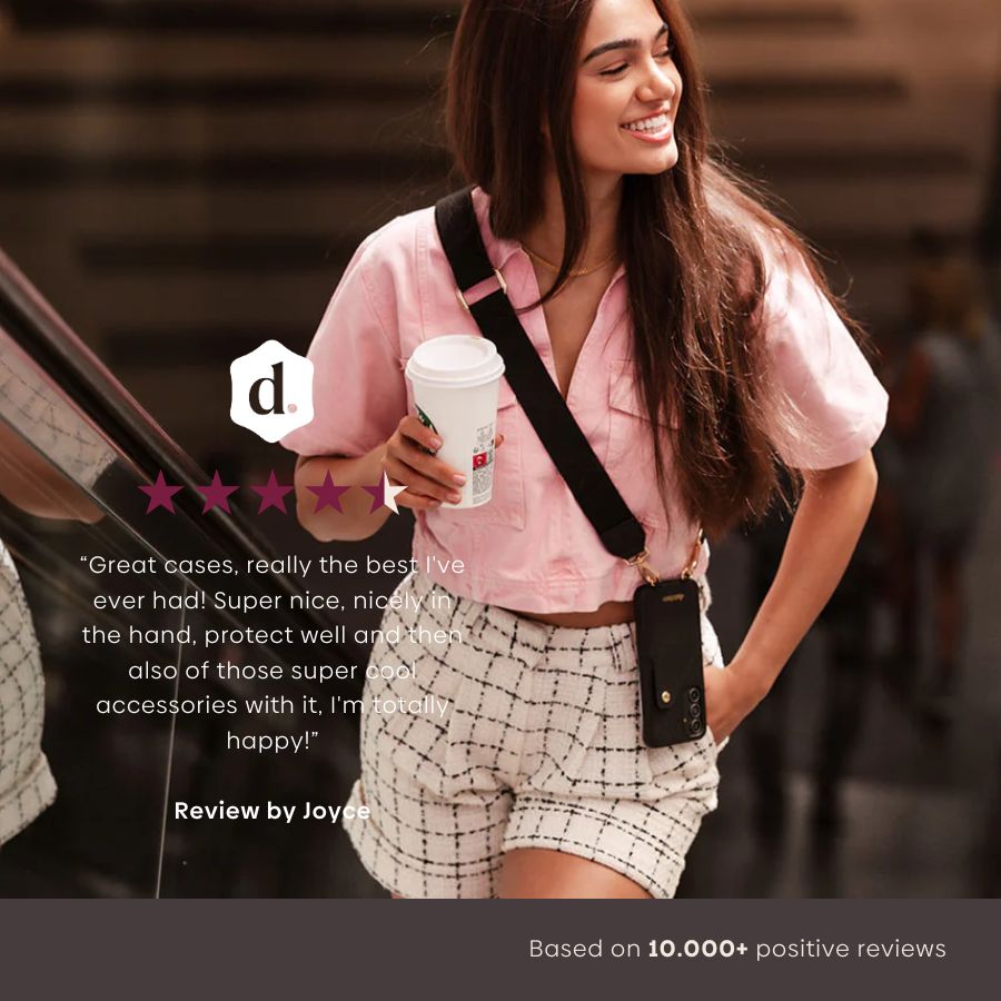 Happy woman wearing Samsung Case | Black with cardholder, enjoying coffee in a stylish outfit.