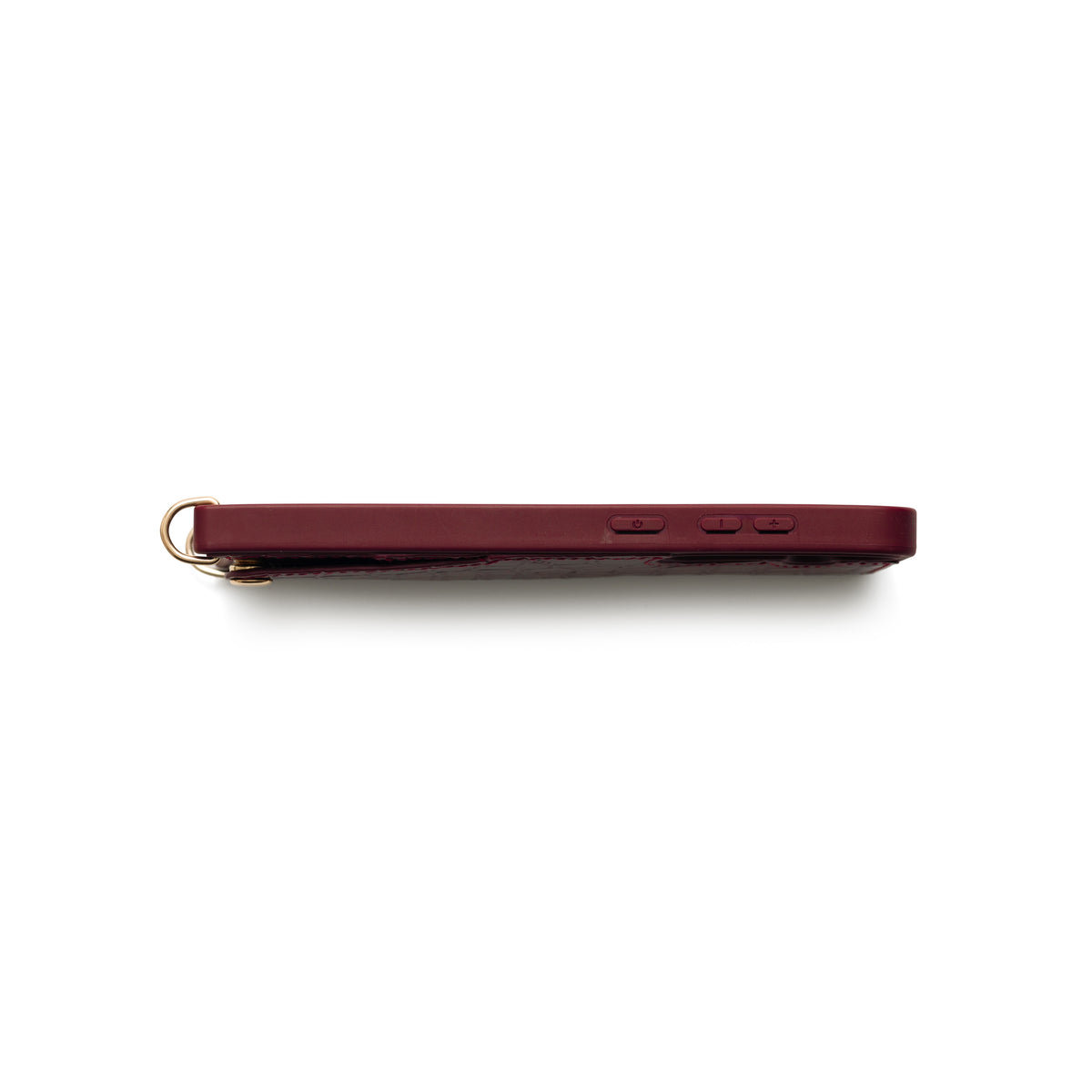 Samsung-Hülle | Burgundy Seitenansicht mit Kartenhalter und Befestigung für das Band.