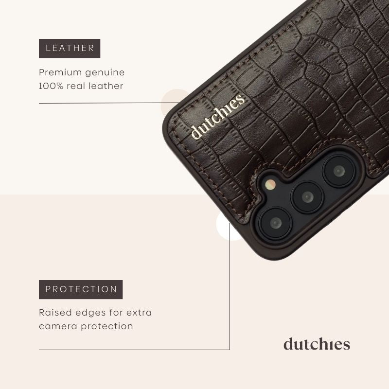 Samsung-Hülle | Chocolate Brown aus hochwertigem Leder mit erhöhten Kanten zum Schutz und einem Kartenhalter.