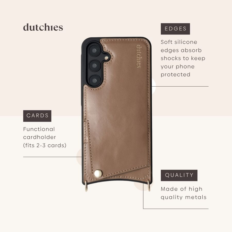 Samsung-Hülle | Mocha mit Kartenfach, gefertigt aus echtem Leder und mit stoßdämpfenden Kanten.